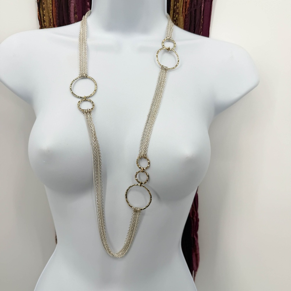 Asymmetrical Multi Strand Long Necklace Silver Gold Tone Hammered Rings 35-38"